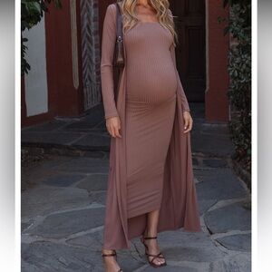Mocha strapless ribbed maternity dress with matching cardigan